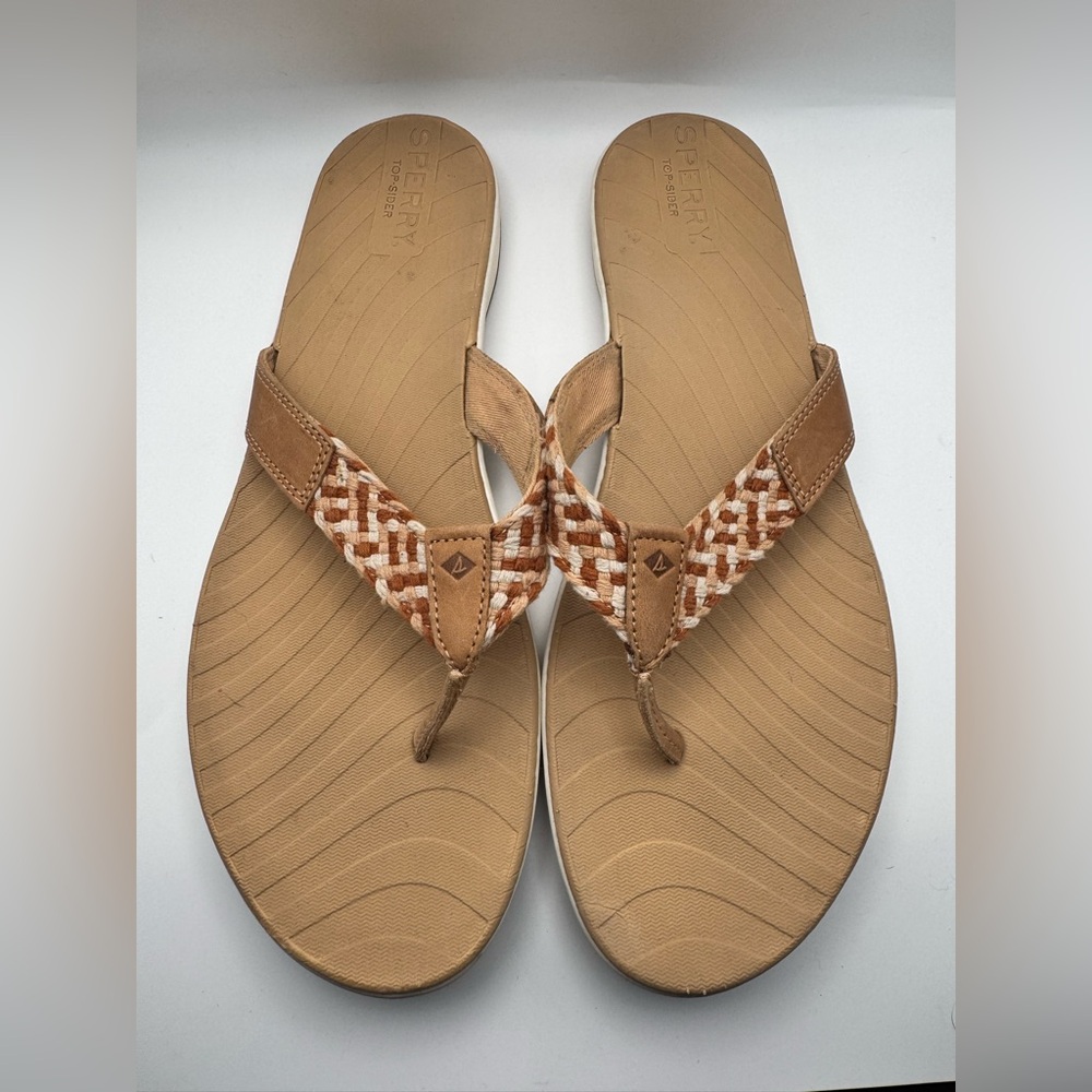 Sperry Topsider Woven Tan Cream Thong Flip Flops Women Size 11 M